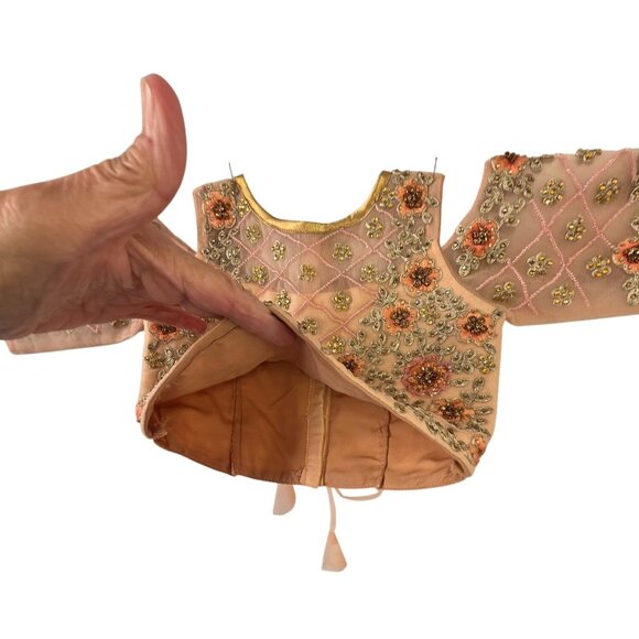 Girls Handmade Beaded Choli Top 45 cm / US 4-5 Peach/Flesh Embroider Mesh Ethnic - Picture 4 of 9